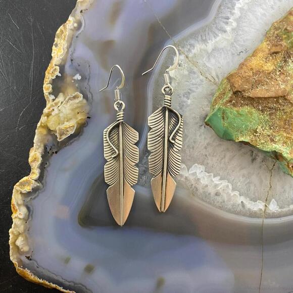 Chris Charley Native American Sterling Silver Feather Dangle Earrings For Women - Picture 2 of 10